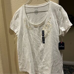 St. John's Bay Cream Embroidered Short Sleeve Top